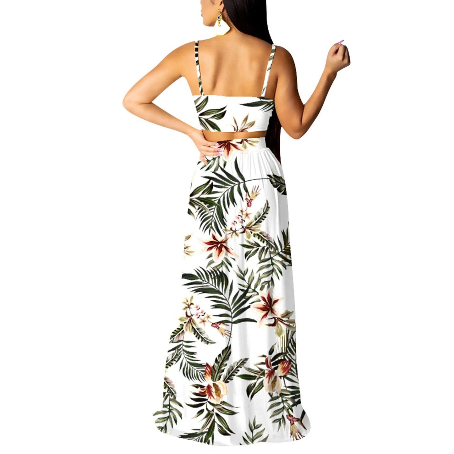 Women floral print V-neck two-piece top and split beach dress