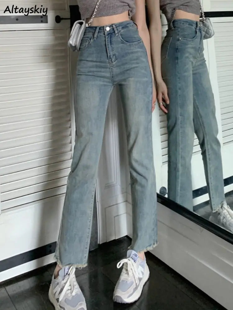 Jeans Women Spring Fashion Casual Vintage Ankle-length Ripped Trousers