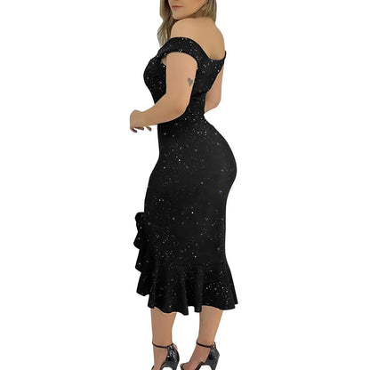 Women's Sexy Summer Off-Shoulder Sequin Ruffle Chiffon Dress