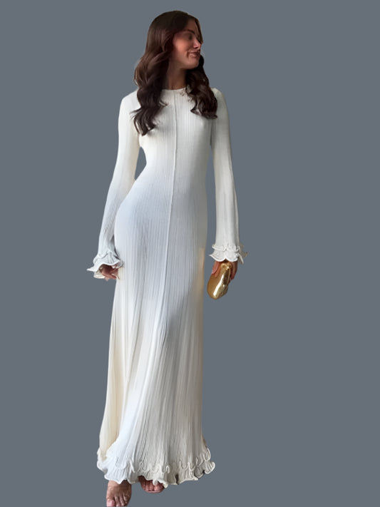 Women Elegant Knit White Long Dress with Flare Long Sleeve