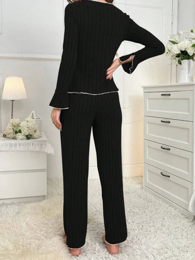 Ribbed Black Long Sleeve Top And Long Pants Sleepwear