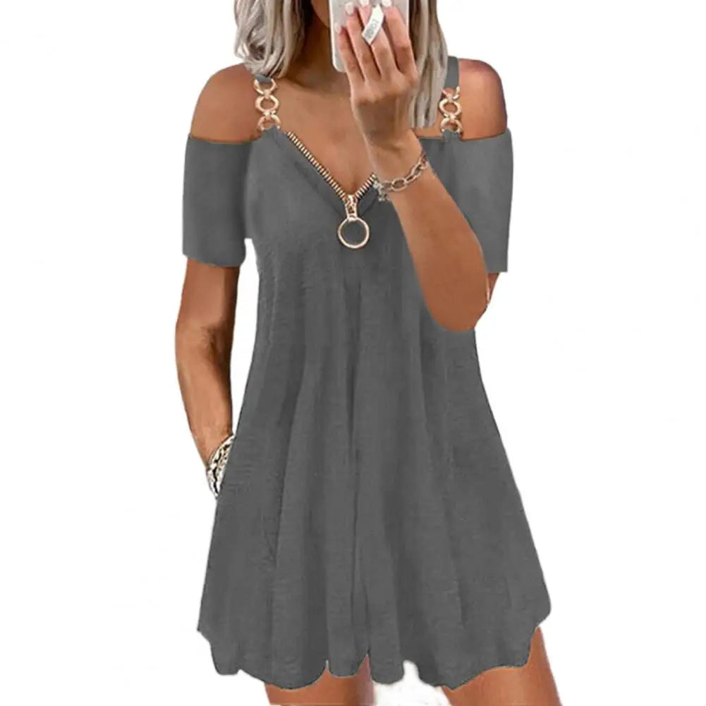 Summer New Fashion  Zipper V Neck Casual Loose Mini Dress Loose