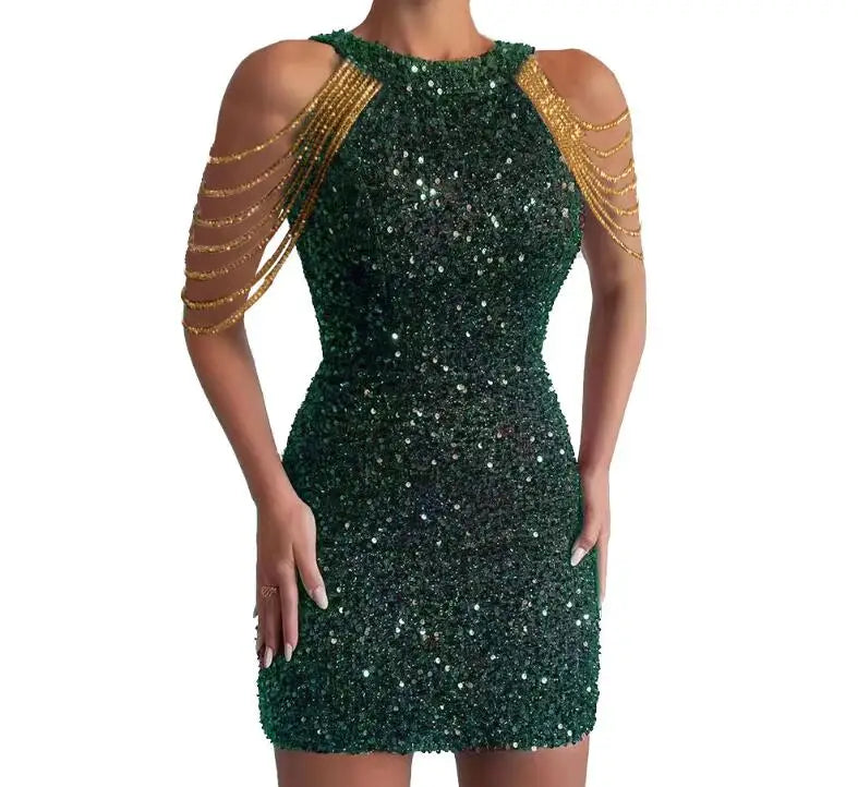 Neck Sexy Chain Wrapped Hip Sequin Sleeveless Slim Fit Dress For Women