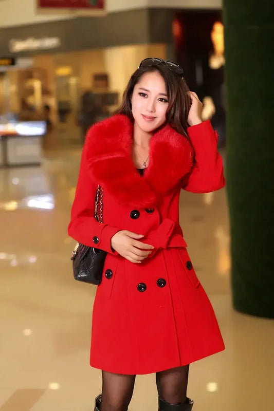 Mid Length Wool Coats Women Fur Collar Splice Blends