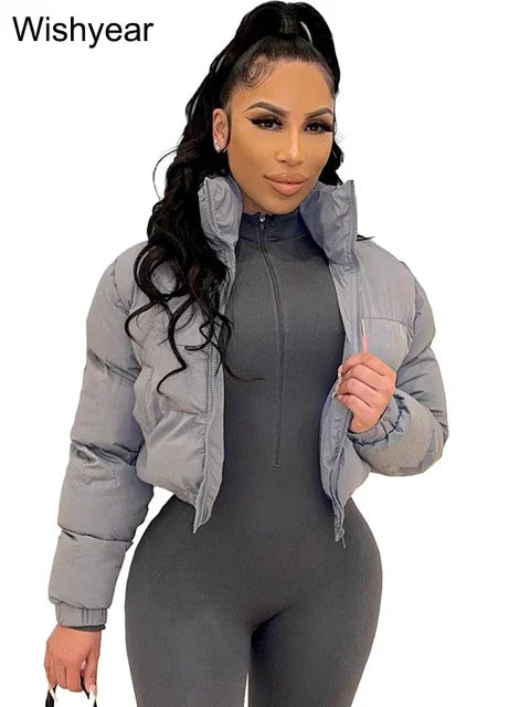 Winter Warm Jacket Women Clothing Gray Zipper Short Puffer