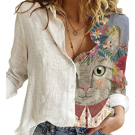 Fashion Retro Face Print Long Sleeve Blouse