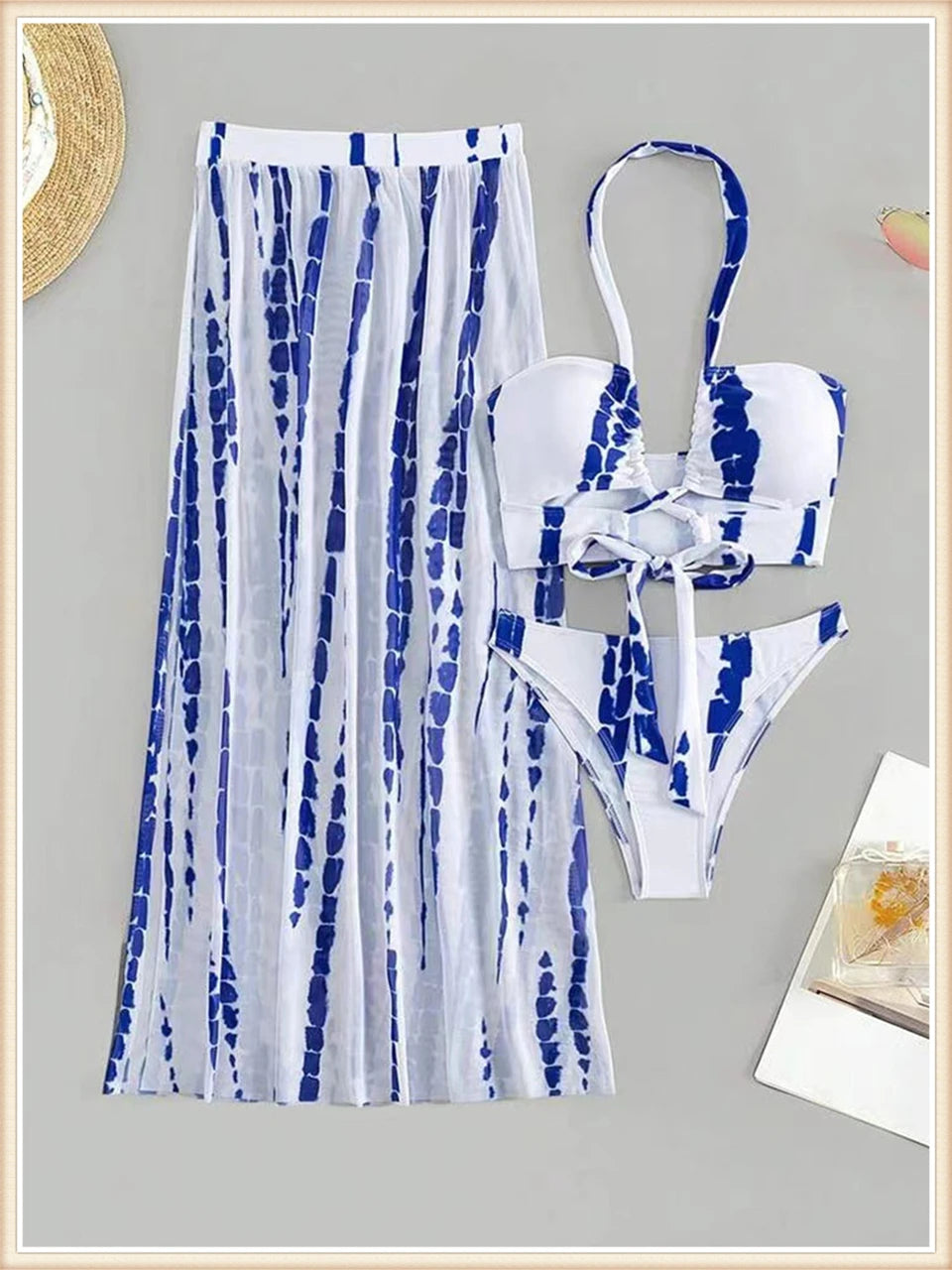 3 Pieces Tie Dye Cross Bikini Swimsuit & Cover Up Pants Swimwear Bathers
